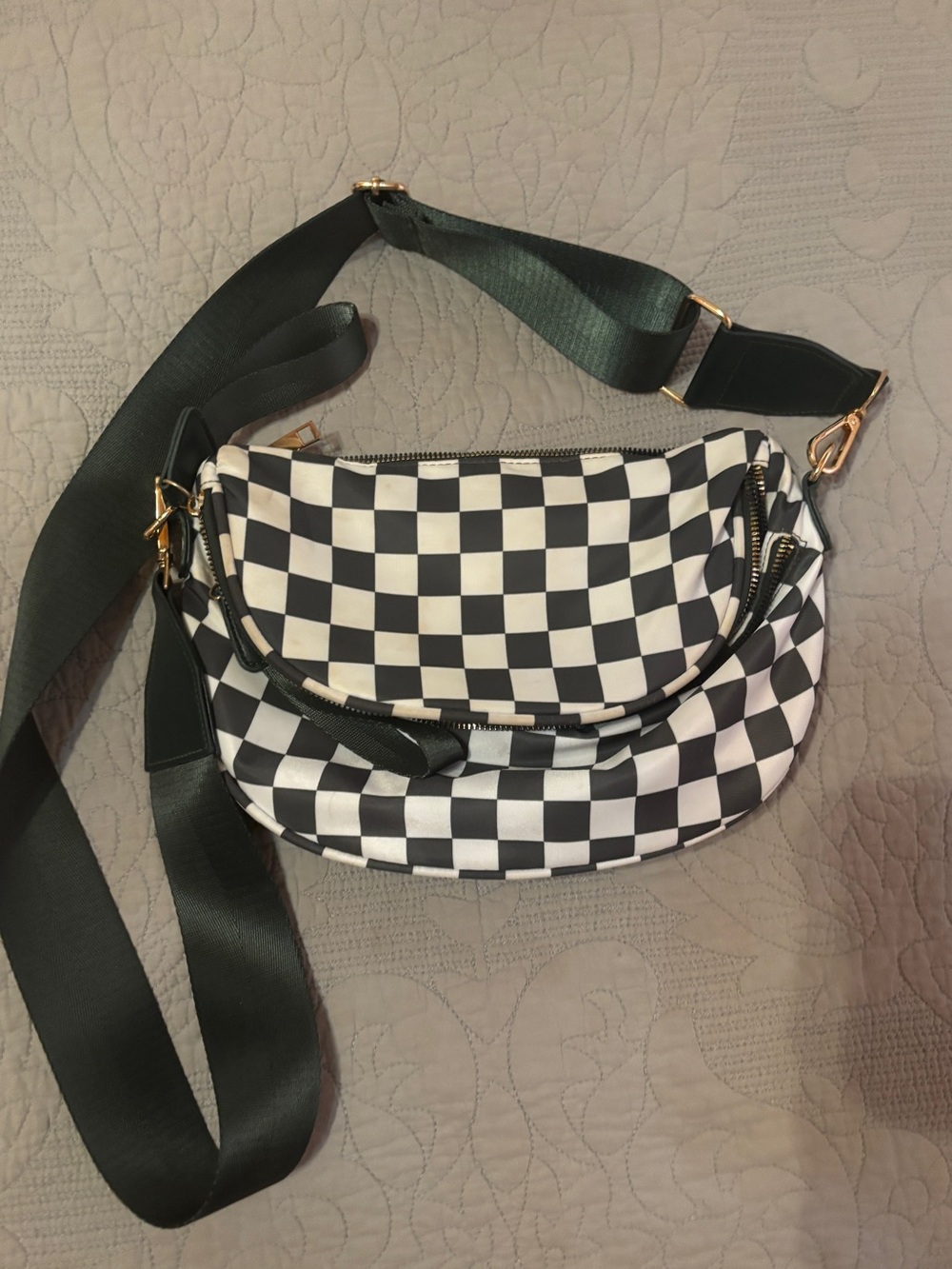 Dark green & White Checkered Bum Bag with Wide Strap
